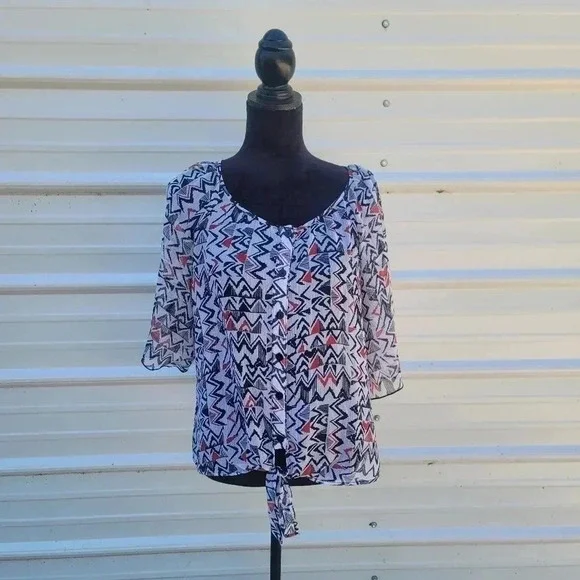 By & By Women's Size L Black Red Sheer Blouse Cold Shoulder Waist Tie 3/4 Sleeve - Picture 1 of 11